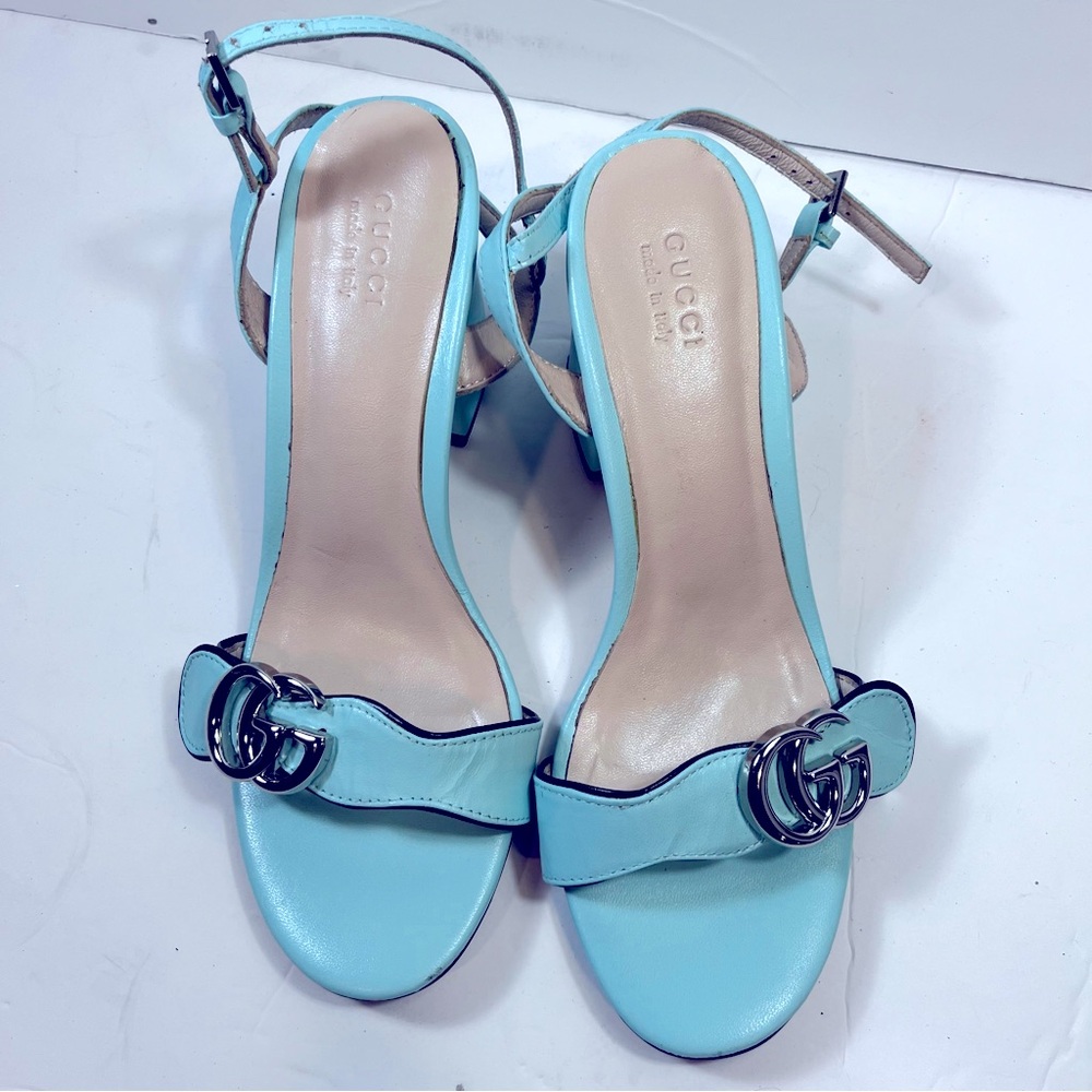 GUCCI LIFFORD WATER GREEN LEATHER GG MID-HEEL SANDALS SHOES us 7.5 38 eu